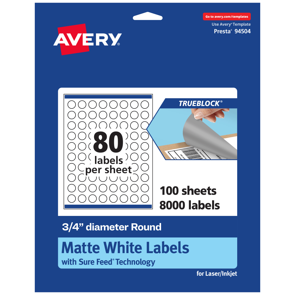 Avery Print-To-The-Edge TrueBlock Labels With Sure Feed, 94504-TWMP100, Round, 3/4in, Matte White, Pack Of 8000