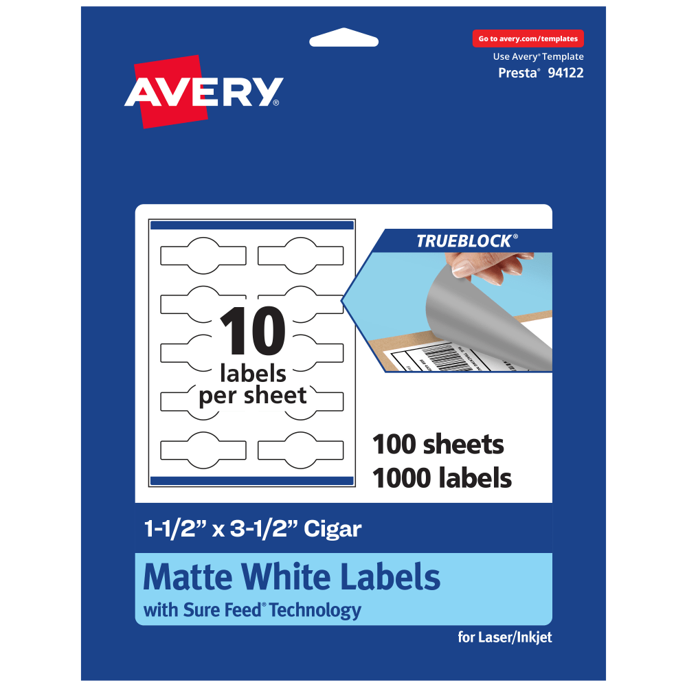 Avery Print-To-The-Edge TrueBlock Labels With Sure Feed, 94122-TWMP100, Cigar, 1-1/2in x 3-1/2in, Matte White, Pack Of 1000