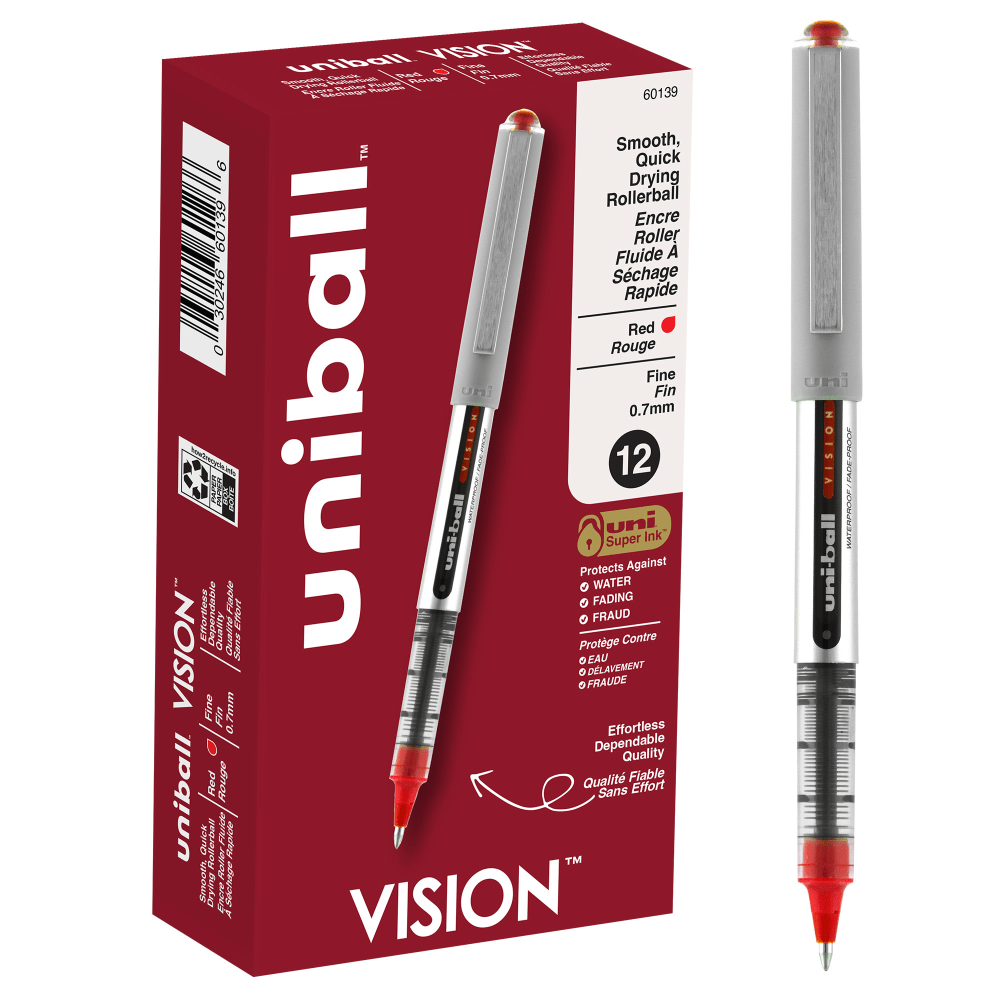 uni-ball Vision Rollerball Pens, Fine Point, 0.7 mm, Gray Barrel, Red Ink, Pack Of 12