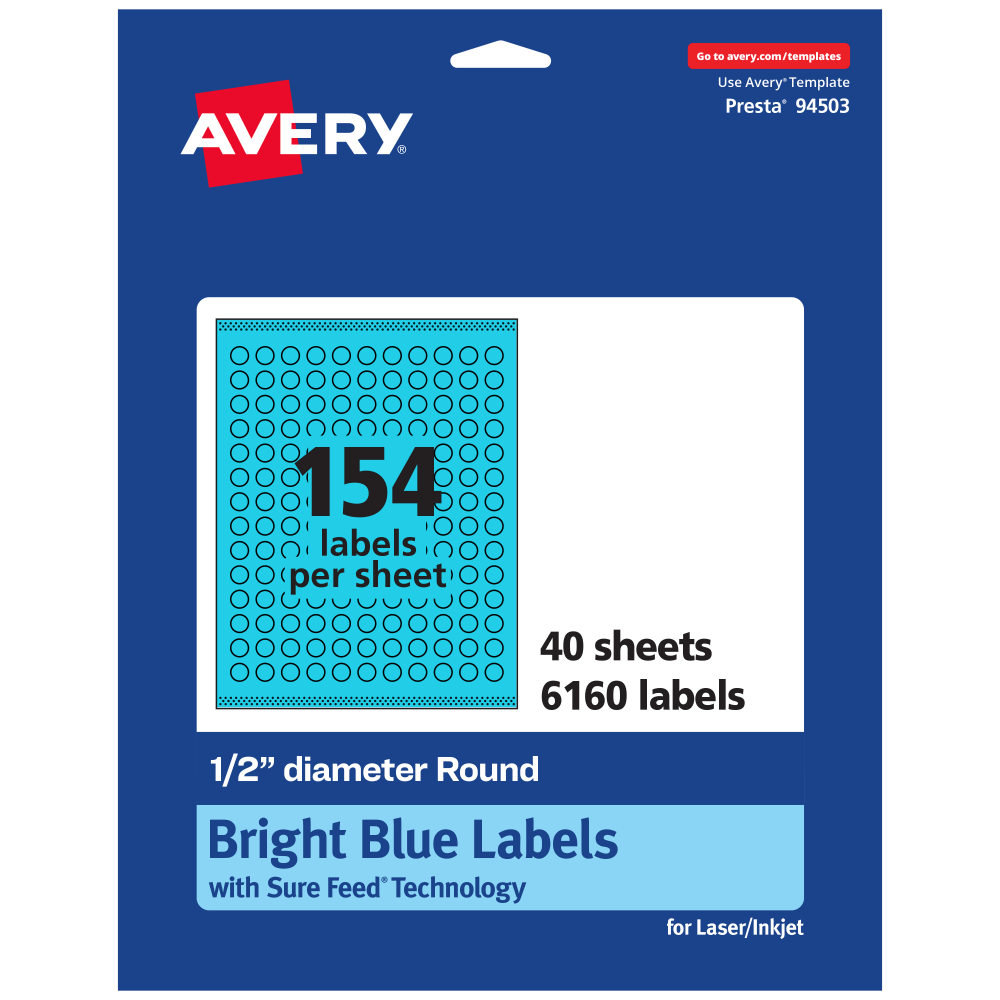 Avery Print-To-The-Edge Labels With Sure Feed Technology And Easy Peel Label Feature, 94503-BBP40, Round, 1/2in, Matte Bright Blue, Pack of 6160