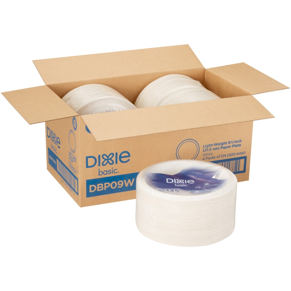 Dixie Basic 8-1/2in Lightweight Paper Plates by GP Pro - Microwave Safe - 8.5in Diameter - White - Paper Body - 125/Pack - 4 / Carton