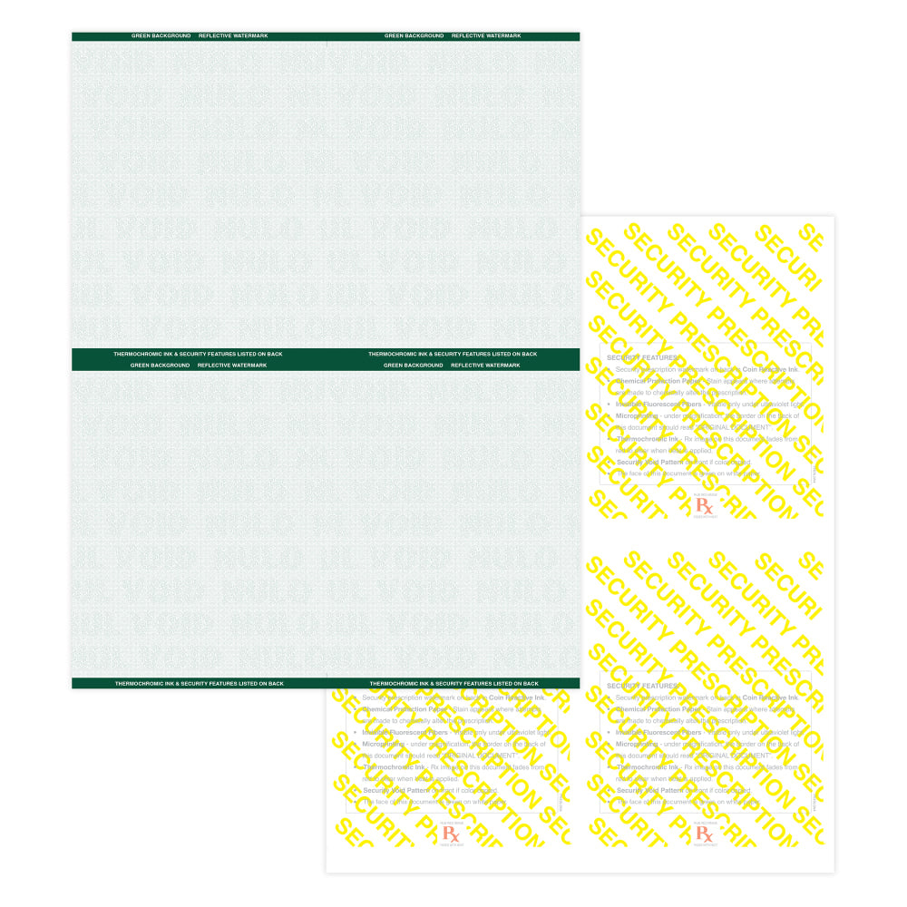High Security Medicaid Compliant Laser RX Prescription Paper Stock - 4 Up, On 8.5in x 11in Perforated Sheet, Green, Pack Of 1,000 Sheets