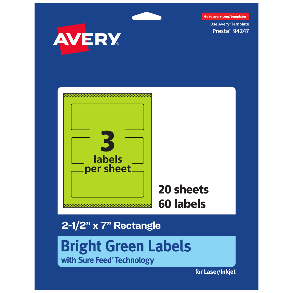 Avery Print-To-The-Edge Labels With Sure Feed Technology, 94247-BGP20, Rectangle, 2-1/2in x 7in, Matte Bright Green, Pack of 60