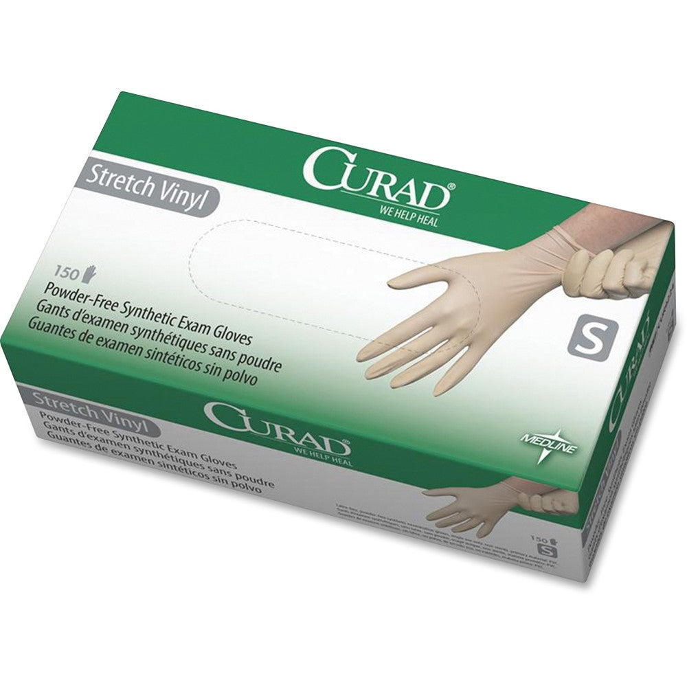 Medline Powder-free Stretch Vinyl Exam Gloves - Small Size - Vinyl - Cream - Stretchable, Powder-free, Latex-free, Non-sterile, Beaded Cuff, 150/PK