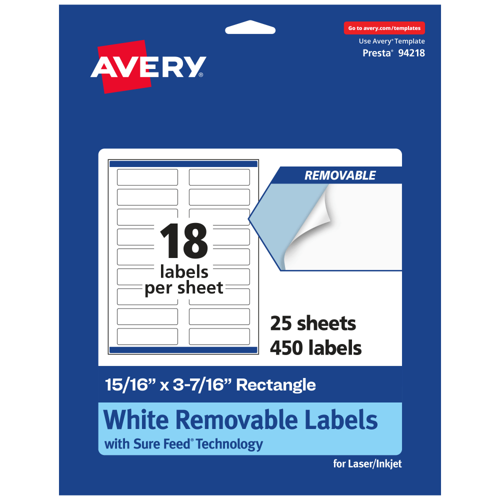 Avery Removable Labels With Sure Feed, 94218-RMP25, Rectangle, 15/16in x 3-7/16in, White, Pack Of 450 Labels