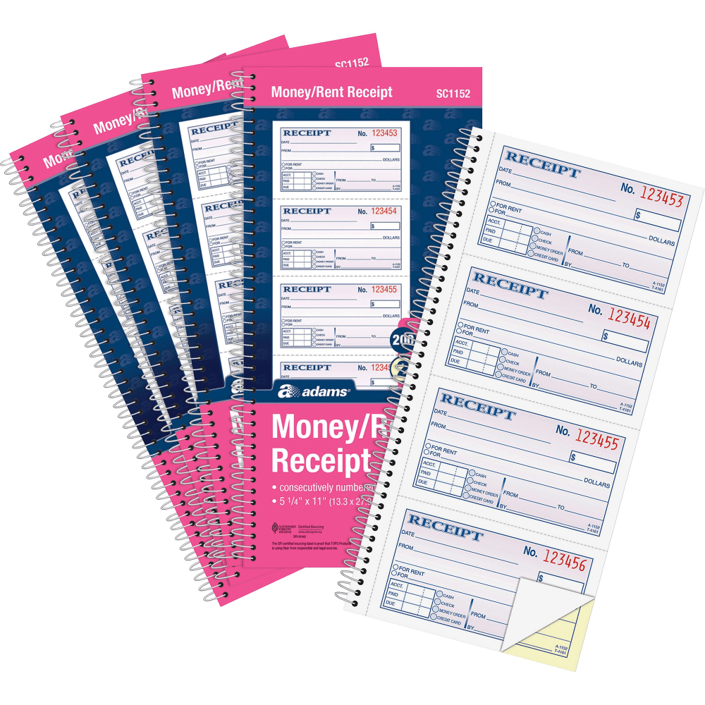 Adams Spiral 2-part Money/Rent Receipt Book - 200 Sheet(s) - Spiral Bound - 2 Part - 11inx5.25in Form Size - White, Canary - Assorted Sheet(s) - 5/Pack