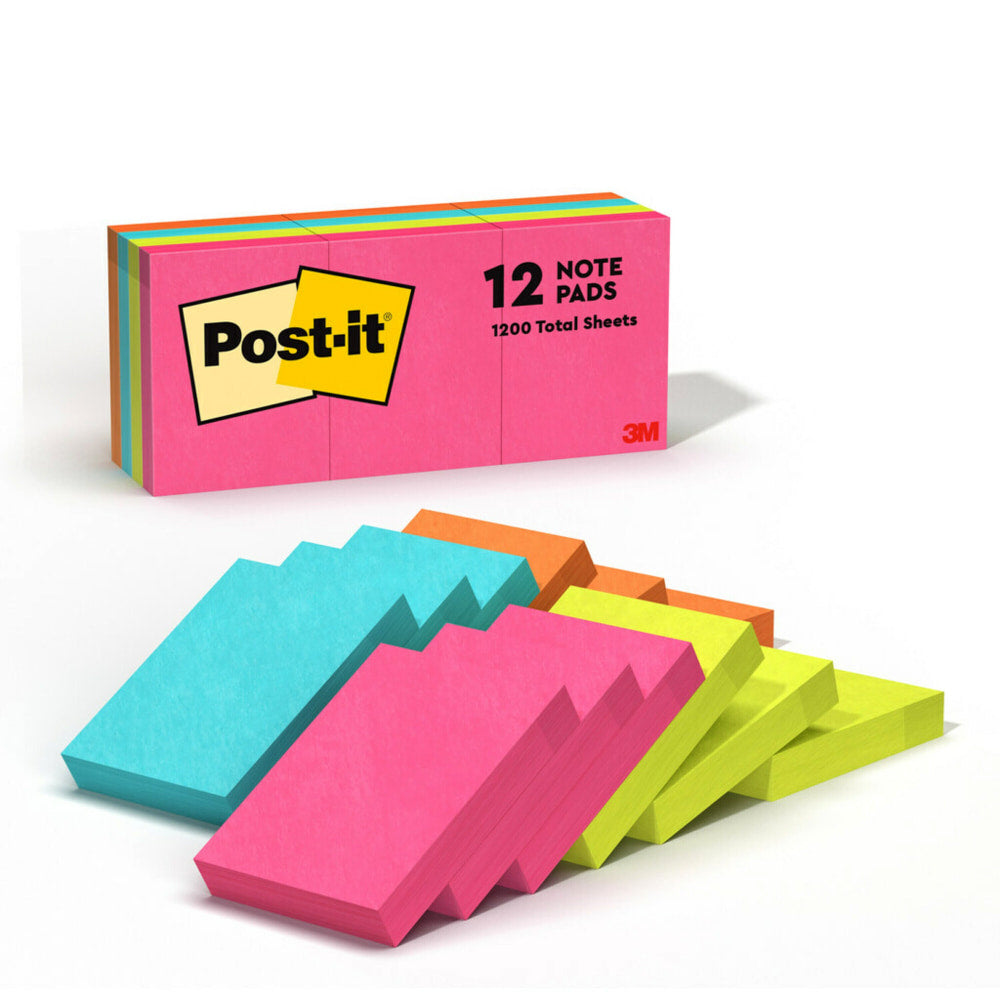 Post-it Notes, 1 3/8 X 1 7/8 in, 12 Sticky Note Pads, 100 Sheets/Pad, Clean Removal, Back to School Supplies and Office Supplies, Poptimistic