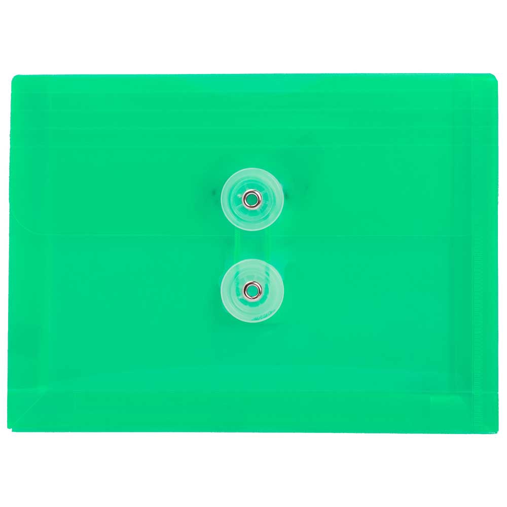 JAM Paper Index Booklet Plastic Envelopes, 5 1/2in x 7 1/2in, Button & String Closure, Green, Pack Of 12