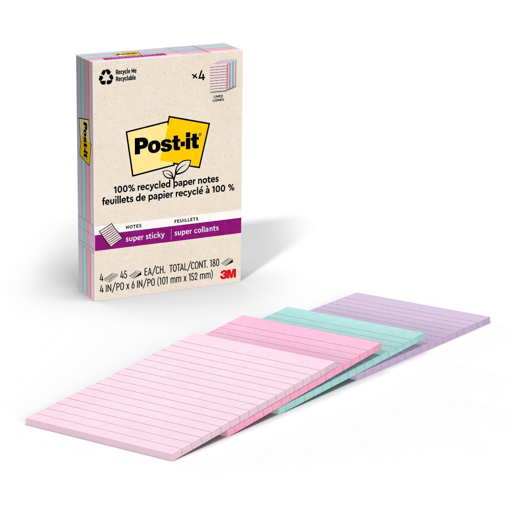 Post-it Super Sticky 100% Recycled Paper Notes, 4 x 6 in, 4 Lined Sticky Note Pads, 45 Sheets/Pad, 2X the Sticking Power, School Supplies, Oasis