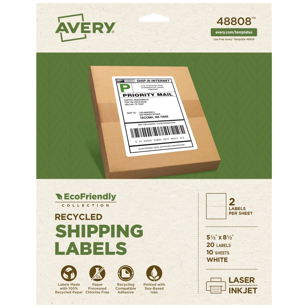 Avery EcoFriendly Recycled Labels, Rectangle, 5-1/2in x 8-1/2in, Matte White, Pack Of 20