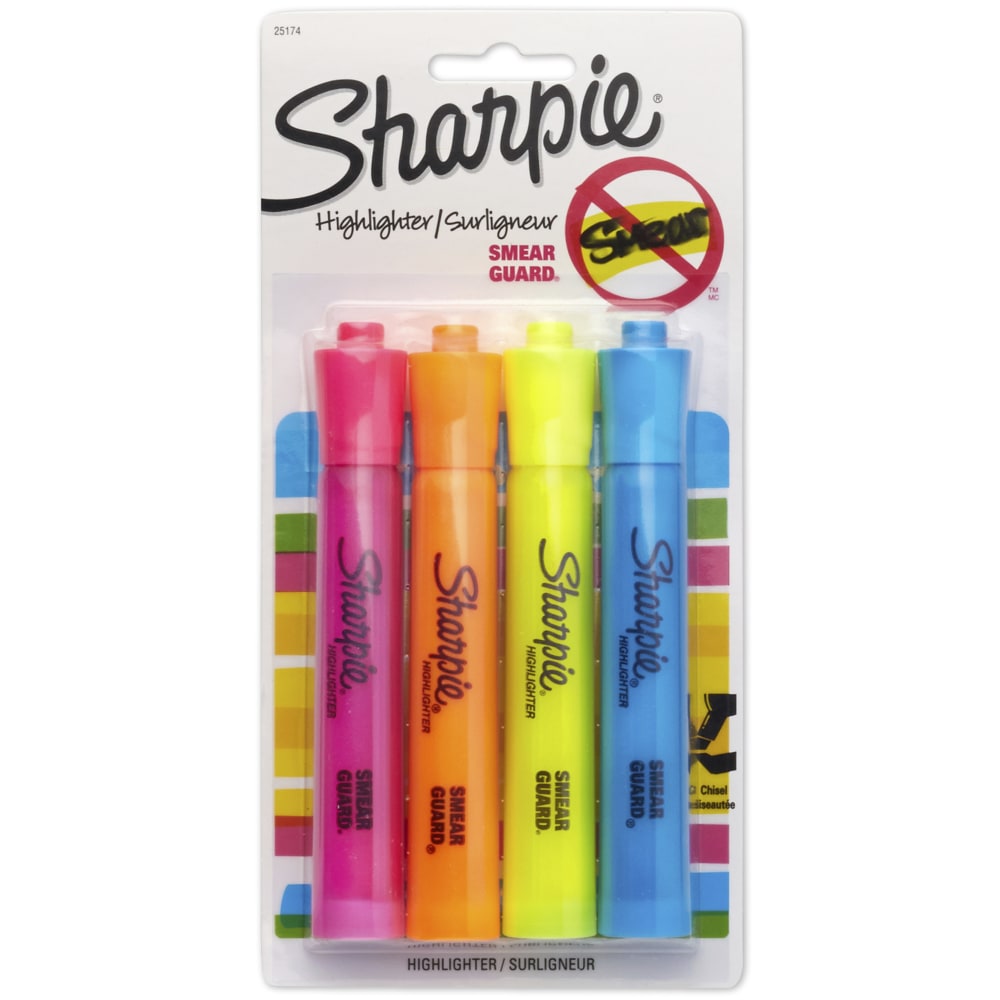 Sharpie Tank Style Highlighters, Chisel Tip, Assorted Colors, 4 Count