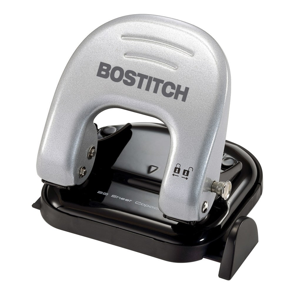 Bostitch Office EZ Squeeze Reduced Effort 2-Hole Punch, 20 Sheets, Locking Handle, Black/Silver