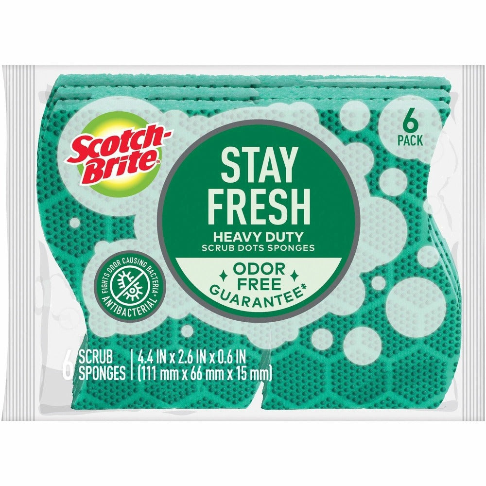 Scotch-Brite Scrub Dots Heavy-duty Scrub Sponge, 2.5inH x 6.2inW x 4.7inD, 6 Pack, 4 / Carton, Green