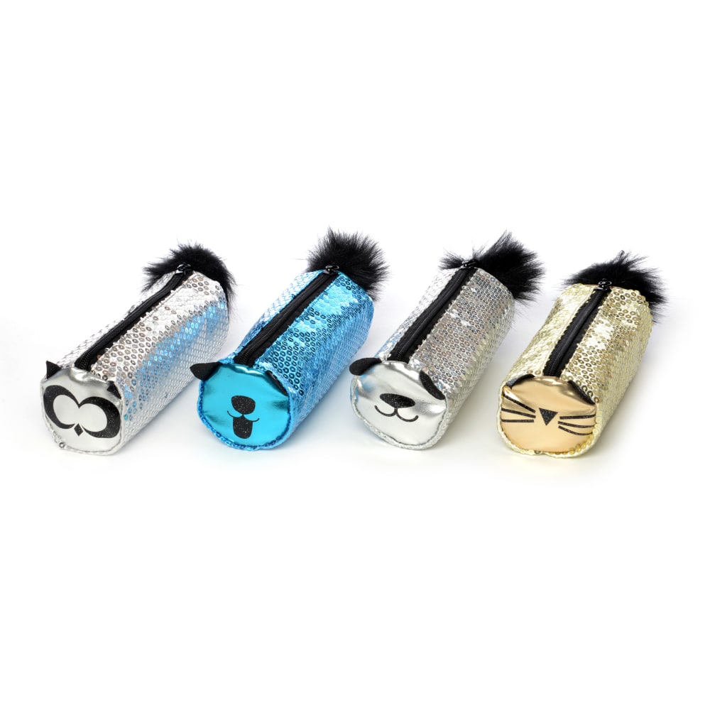 Inkology Sequin Pet Pencil Pouches, 3inH x 3inW x 8inD, Assorted Colors, Pack Of 8 Pouches