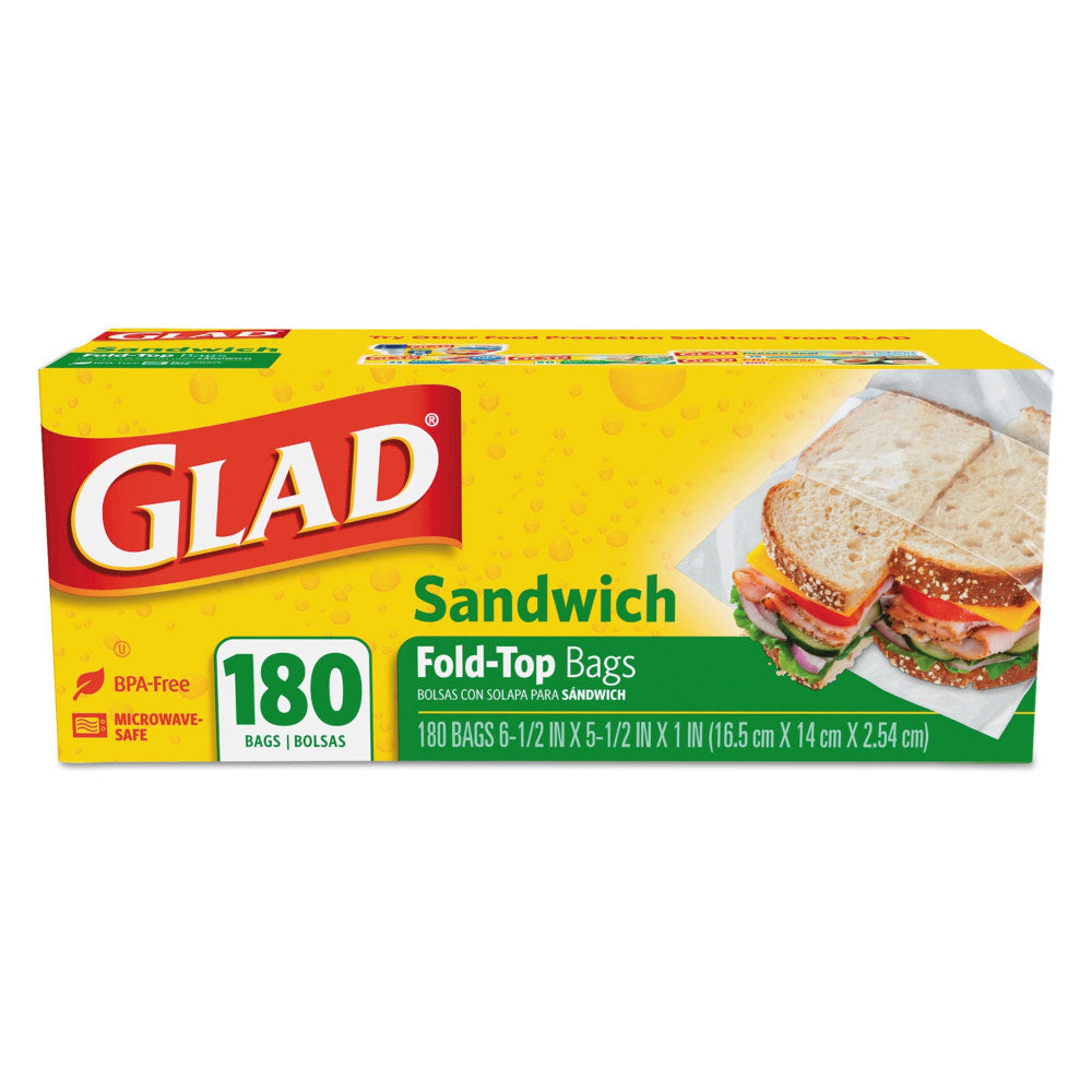 Glad Fold-Top Sandwich Bags, 6.5in x 5.5in, Clear, 180/Box, 12 Boxes/CT