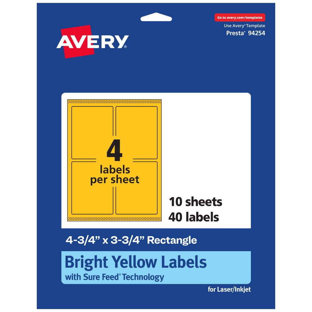 Avery Print-To-The-Edge Labels With Sure Feed Technology And Easy Peel, 94254-BYP10, Rectangle, 4-3/4in x 3-3/4in, Matte Bright Yellow, Pack of 40