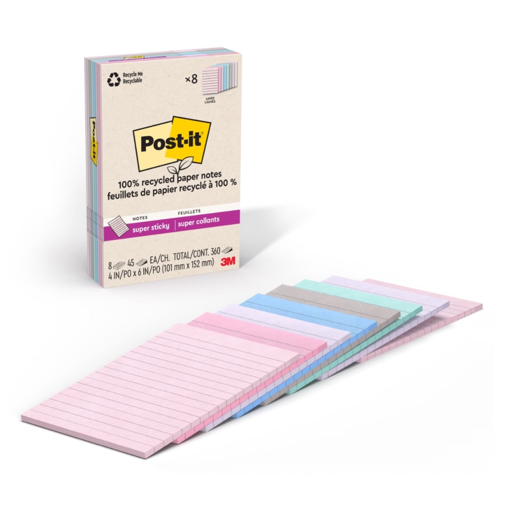 Post-it Super Sticky 100% Recycled Paper Notes, 4 x 6 in, 8 Lined Sticky Note Pads, 45 Sheets/Pad, School Supplies and Office Products, Oasis