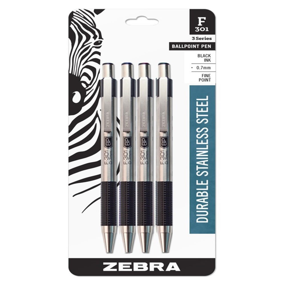 Zebra Pen F-301 Stainless Steel Retractable Ballpoint Pens, Pack Of 4, Fine Point, 0.7 mm, Black Ink