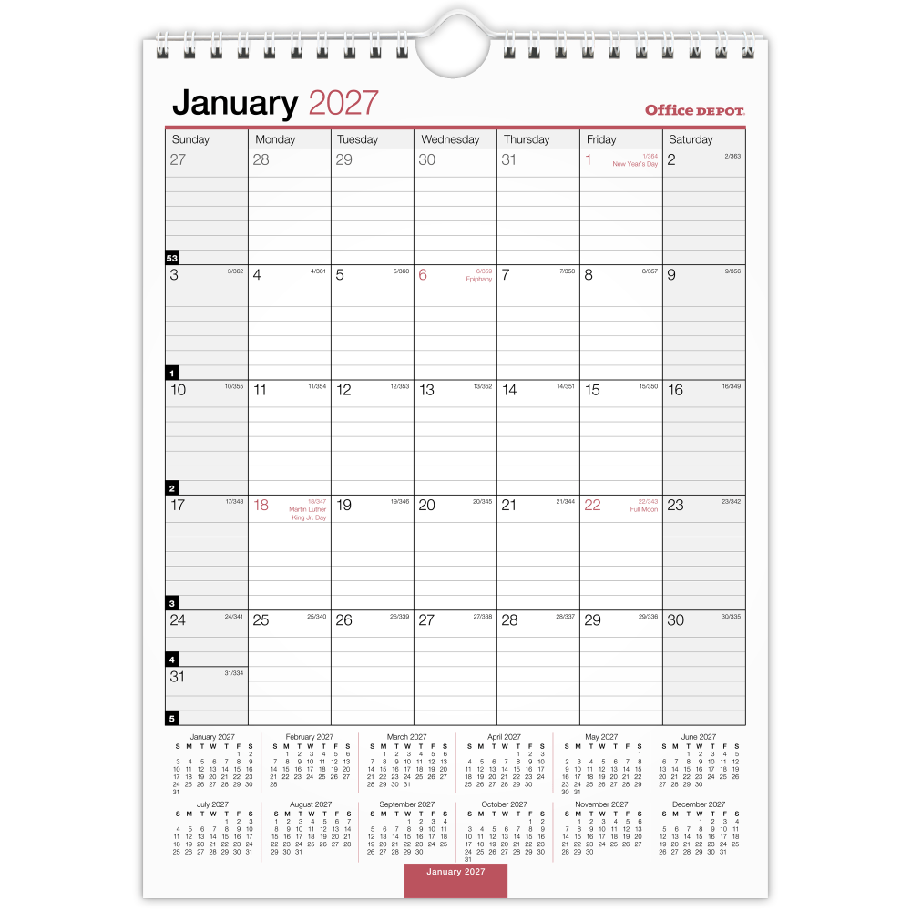 Office Depot Brand Monthly Wall Calendar, 8in x 11in, White, January 2027 to December 2027, OD30132827