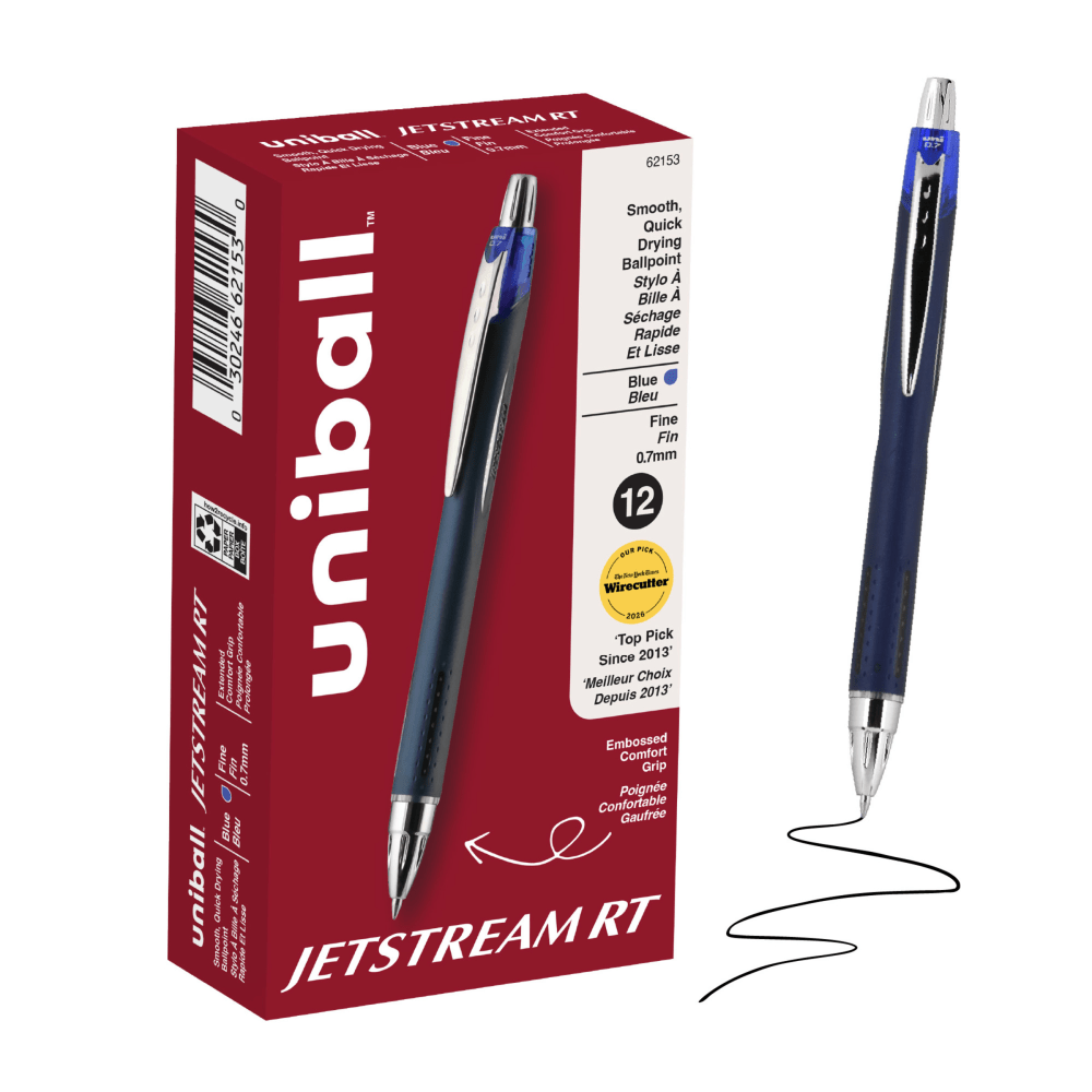 uniball Jetstream RT Retractable Ballpoint Pens, Fine Point, 0.7 mm, Blue Barrel, Blue Ink, Pack Of 12