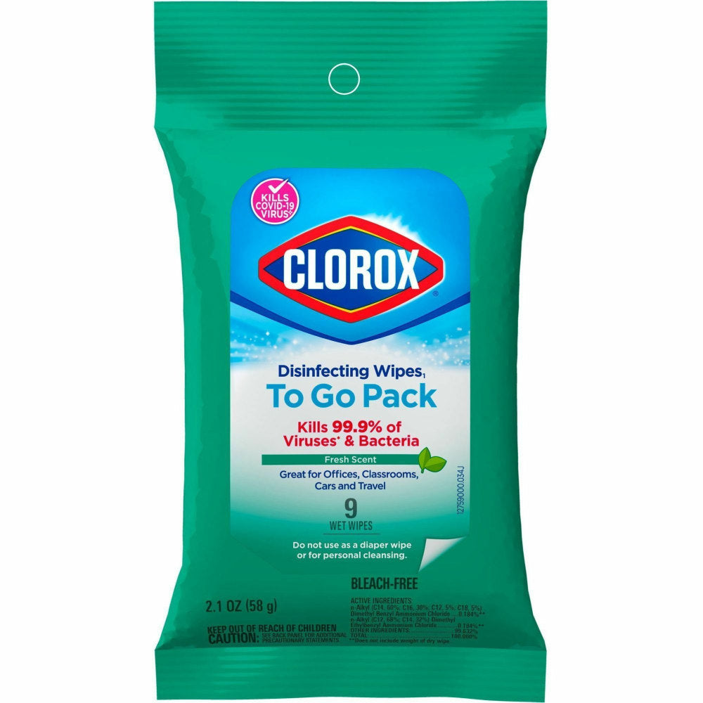 Clorox Bleach-Free Disinfecting Wipes, To-Go Pack, Fresh Scent, 2-13/16in x 6-9/16in, 9 Wipes Per Pack, White, Case Of 24 Packs
