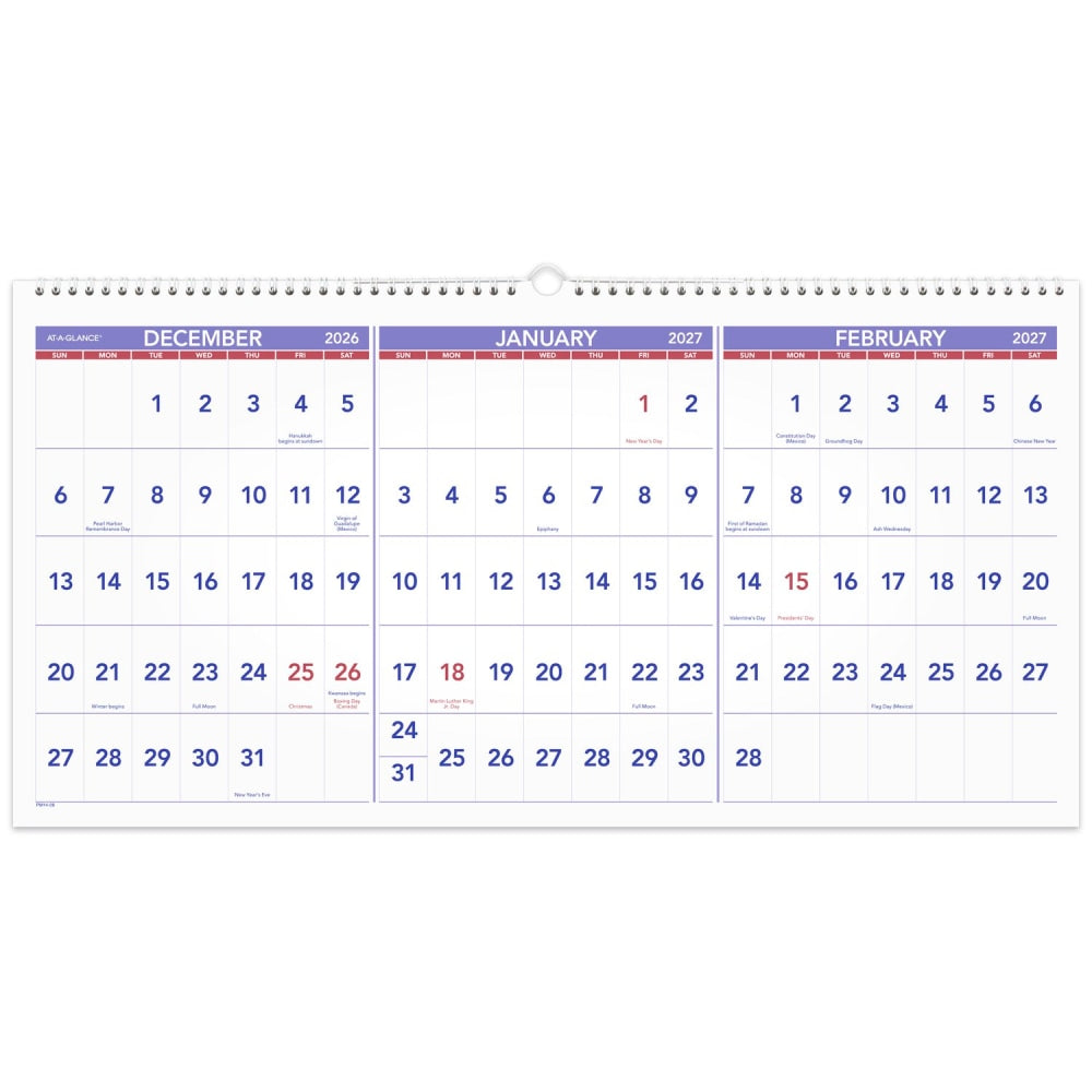 AT-A-GLANCE 2027 Three Month Reference Horizontal Wall Calendar, Large, 12in x 27in