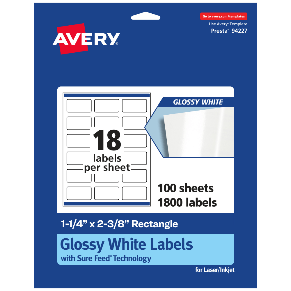 Avery Glossy Permanent Labels With Sure Feed, 94227-WGP100, Rectangle, 1-1/4in x 2-3/8in, White, Pack Of 1,800