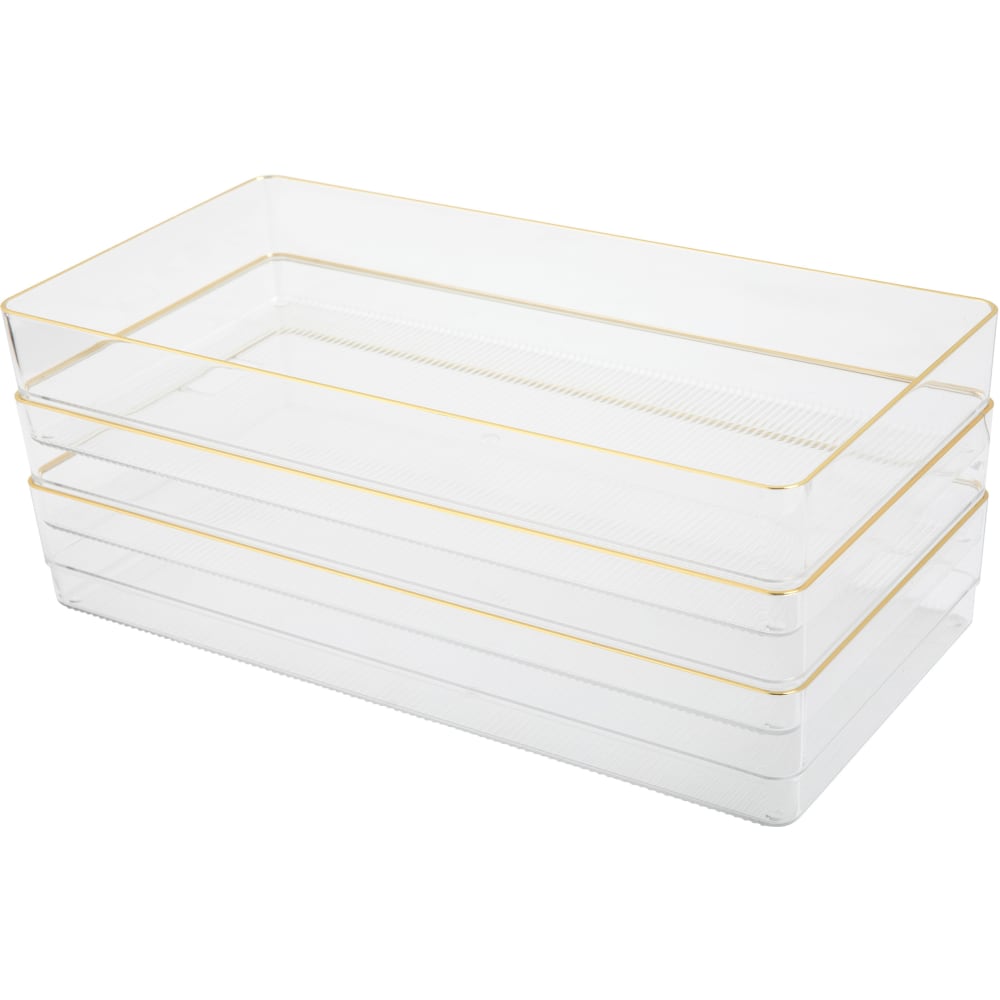 Martha Stewart Kerry Plastic Stackable Office Desk Drawer Organizers, 2inH x 6inW x 12inD, Clear/Gold Trim, Pack Of 3 Organizers