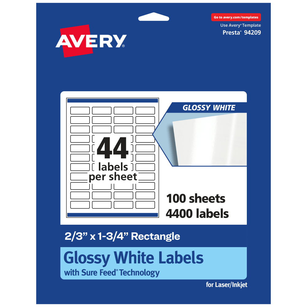Avery Glossy Permanent Labels With Sure Feed, 94209-WGP100, Rectangle, 2/3in x 1-3/4in, White, Pack Of 4,400