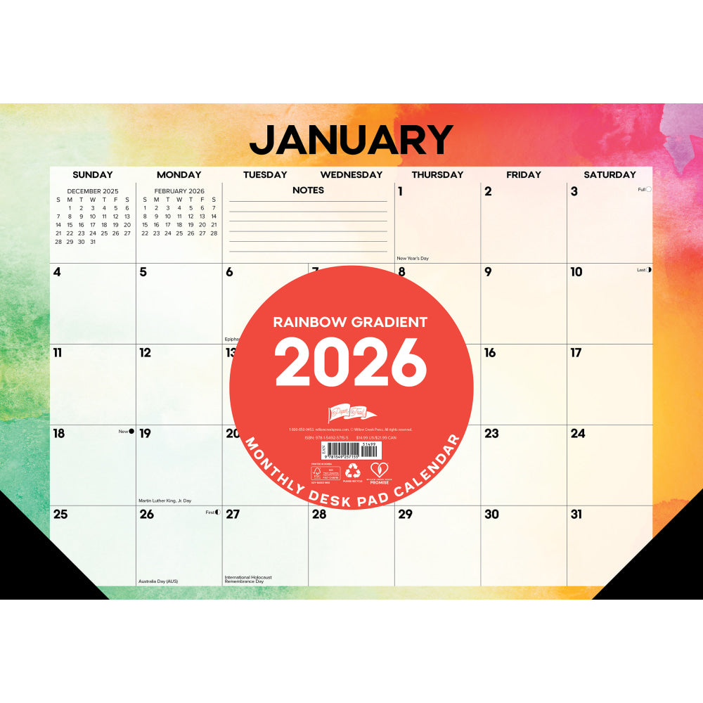 2026 Willow Creek Press Monthly Desk Pad Calendar, 12in x 17in, Rainbow Gradient, January To December, 57155