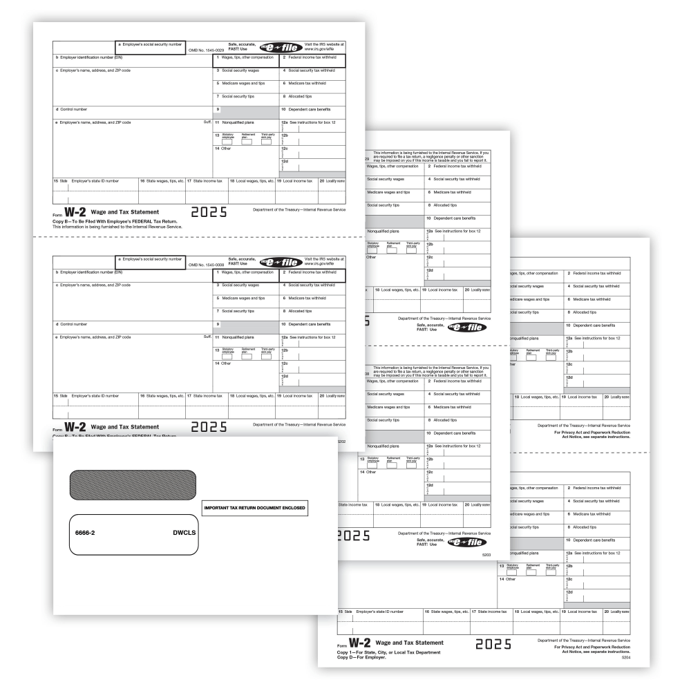 ComplyRight W-2 Tax Form Set with Envelopes, 5-Part, Recipient Copy Only, 2-Up, Pack of 25, 5648E2525