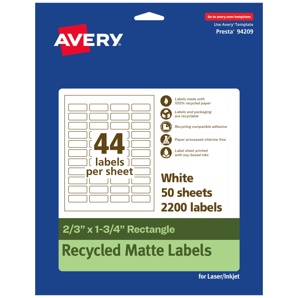 Avery Recycled Paper Labels, 94209-EWMP50, Rectangle, 2/3in x 1-3/4in, White, Pack Of 2200
