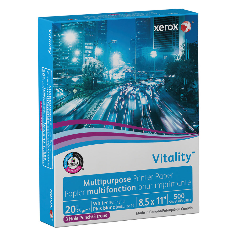 Xerox Vitality 3-Hole Punched Multi-Use Printer & Copy Paper, 1 Ream, White, Letter Size, 500 Sheets Per Ream, 20 Lb, 92 Brightness - 3R2641RM