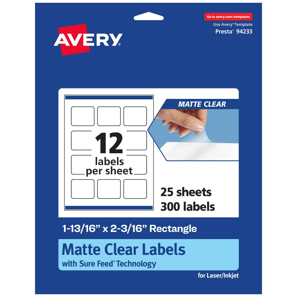 Avery Permanent Labels With Sure Feed, 94233-CMF25, Rectangle, 1-13/16in x 2-3/16in, Matte Clear, Pack Of 300