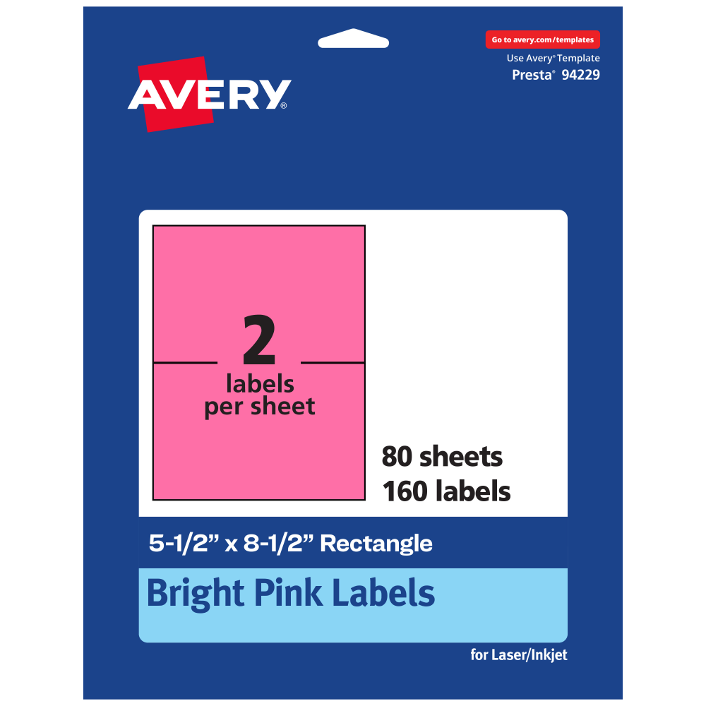 Avery Printable Labels, 94229-BPP80, Rectangle, 5-1/2in x 8-1/2in, Matte Bright Pink, Pack of 160