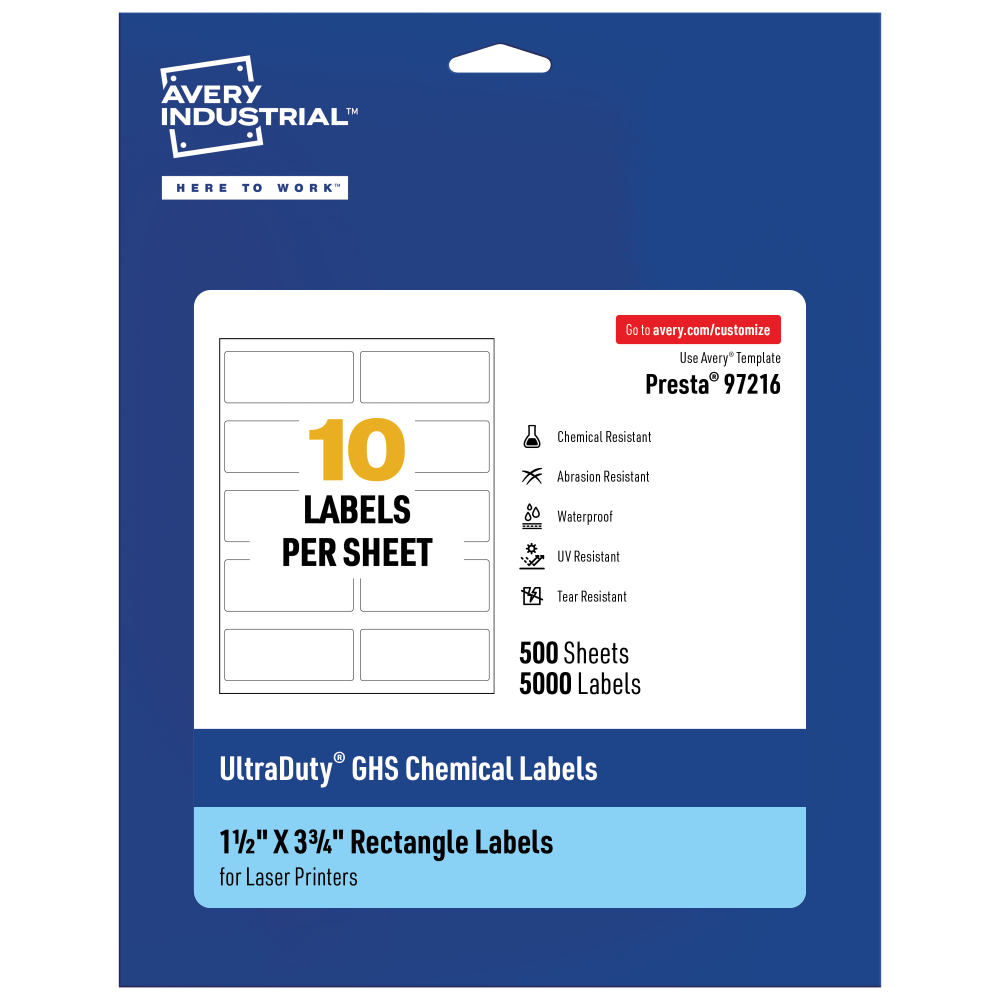 Avery Ultra Duty Permanent GHS Chemical Labels, 97216-WMU500, Rectangle, 1-1/2in x 3-3/4in, White, Pack Of 5,000