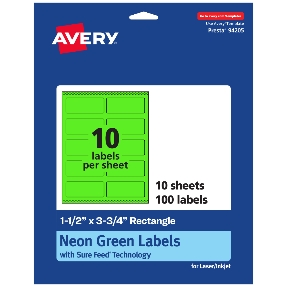 Avery Print-To-The-Edge Labels With Sure Feed Technology And Easy Peel, 94205-NGP10, Rectangle, 1-1/2in x 3-3/4in, Matte Neon Green, Pack of 100