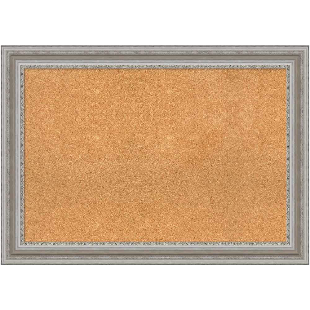 Amanti Art Non-Magnetic Cork Bulletin Board, 42in x 30in, Natural, Parlor Silver Plastic Frame