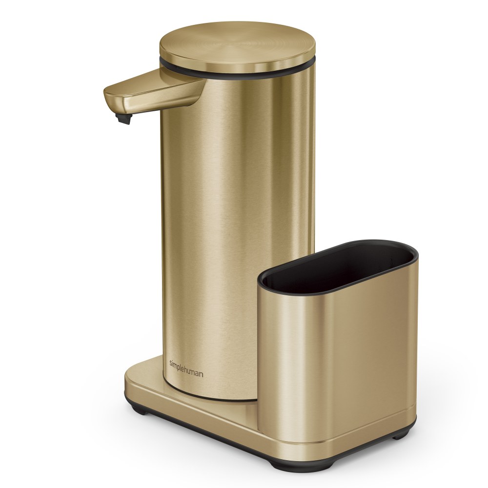 simplehuman Touch-Free Rechargeable Sensor Liquid Soap And Hand Sanitizer Dispenser, With Caddy, 14 Oz, Brass