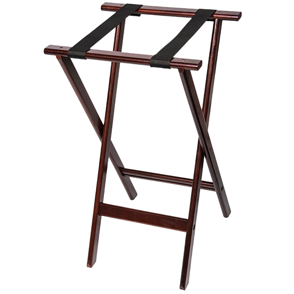 CSL Deluxe Wood Tray Stands, 30inH x 18-1/2inW x 17inD, Mahogany Finish/Black Straps, Set Of 4 Stands