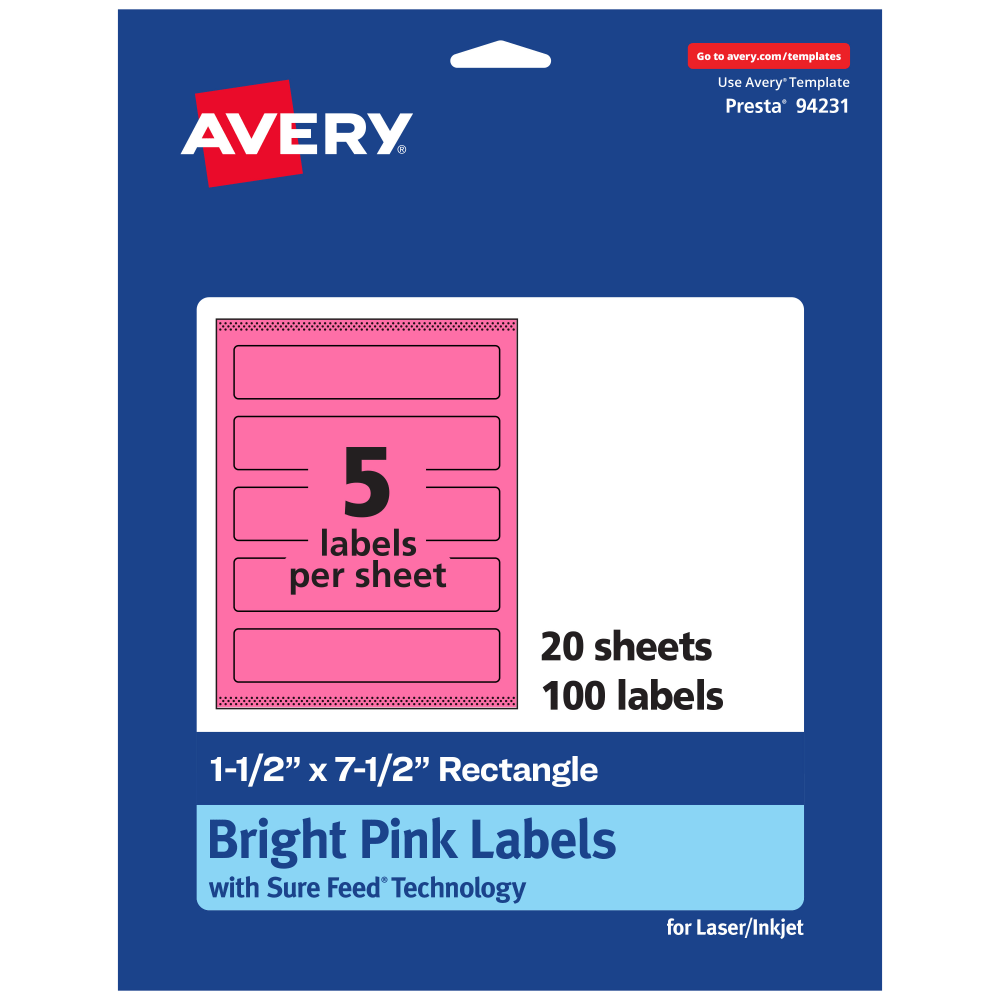 Avery Print-To-The-Edge Labels With Sure Feed Technology, 94231-BPP20, Rectangle, 1-1/2in x 7-1/2in, Matte Bright Pink, Pack of 100