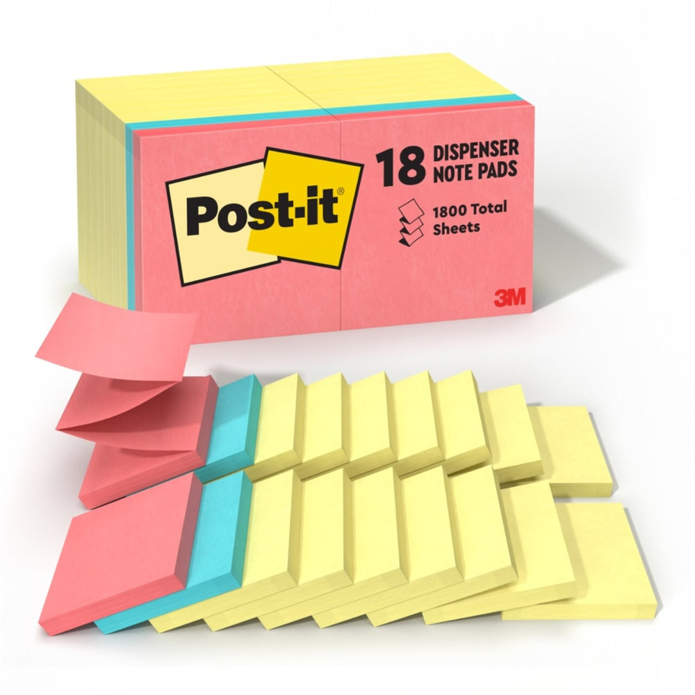 Post-it Pop Up Notes, 3 x 3 in, 18 Sticky Note Pads, 100 Sheets/Pad, School Supplies and Office Products, Accordion Sticky Notes, Assorted Colors