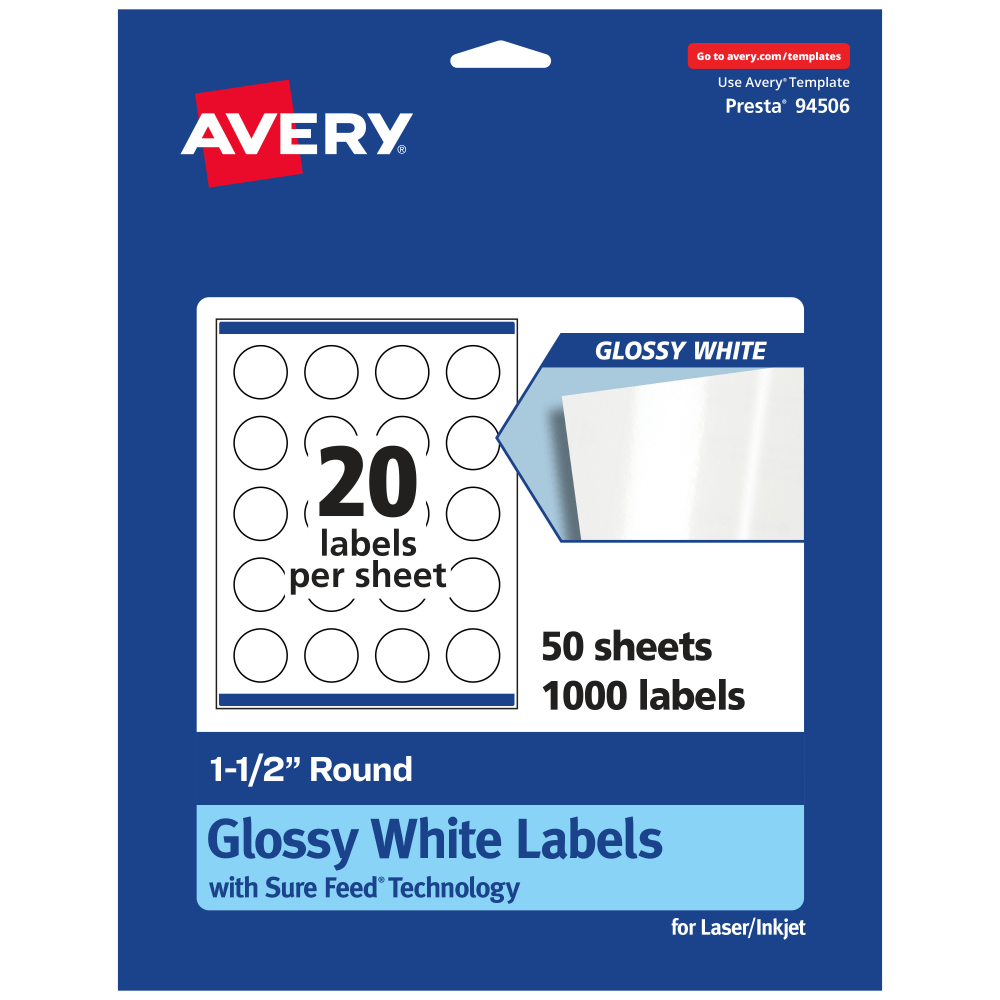 Avery Glossy Permanent Labels With Sure Feed, 94506-WGP50, Round, 1-1/2in Diameter, White, Pack Of 1,000