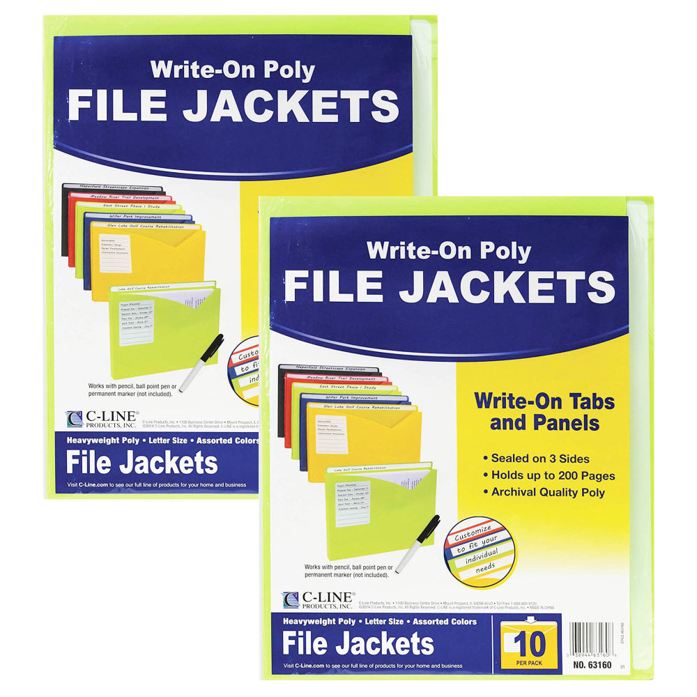 C-Line Write-On Poly File Jackets, 8-1/2in x 11in, Assorted Colors, 10 Jackets Per Pack, Set Of 2 Packs