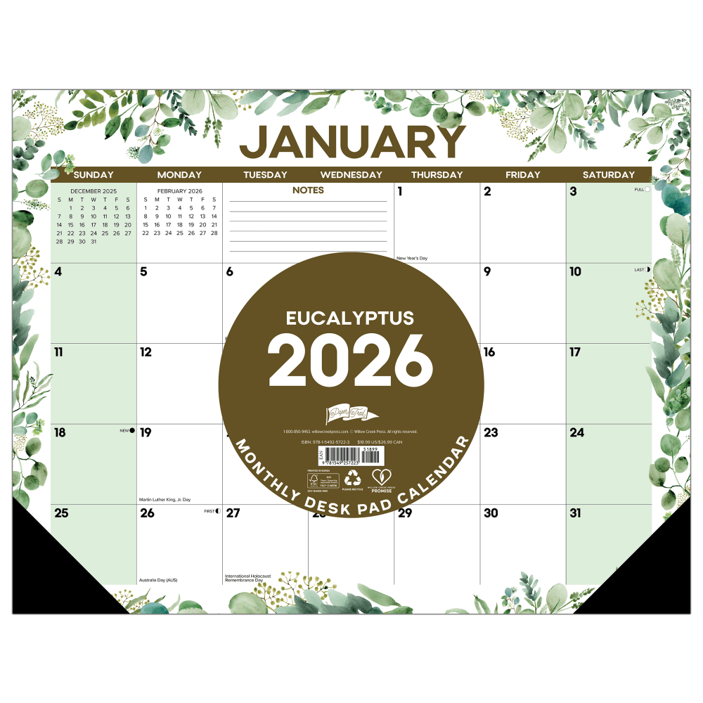 2026 Willow Creek Press Desk Pad Calendar, 22in x 17in, Eucalyptus, January To December, 57223