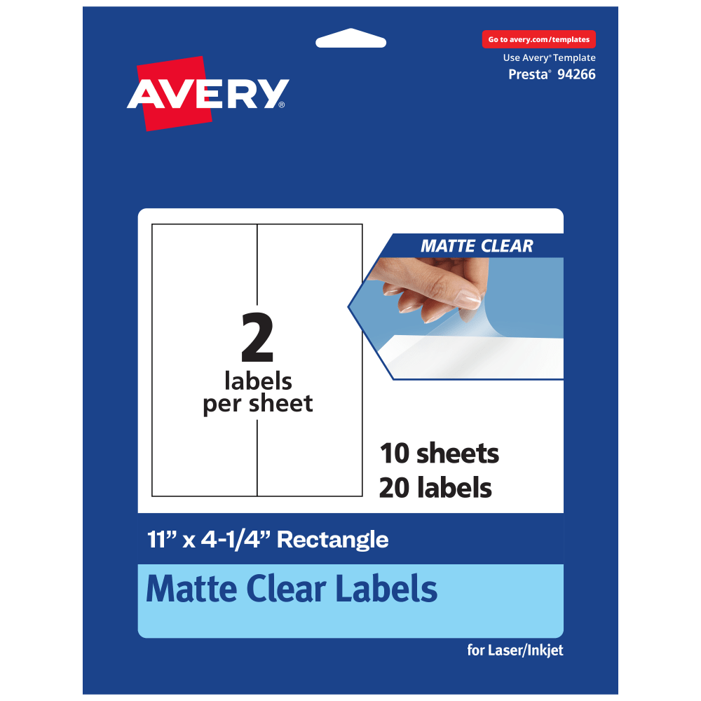 Avery Permanent Labels, 94266-CMF10, Rectangle, 11in x 4-1/4in, Matte Clear, Pack Of 20