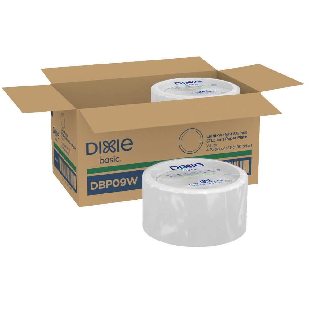 Dixie Basic 8-1/2in Light-Weight Paper Plates,  White, 500 Count (125 Plates Per Pack, 4 Packs Per Case)
