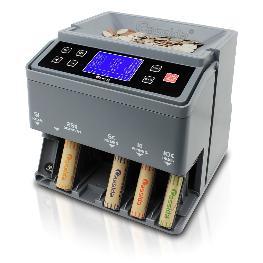 Cassida C300 Professional USD Coin Counter, Sorter And Wrapper/Roller, 10inH x 11inW x 11inD, Gray