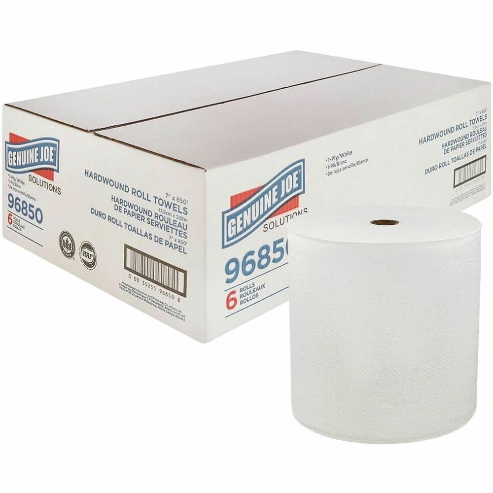 Genuine Joe Solutions Hardwound Paper Towels - 1 Ply - 7in Width x 850 ft Length - White - 65 / Pallet