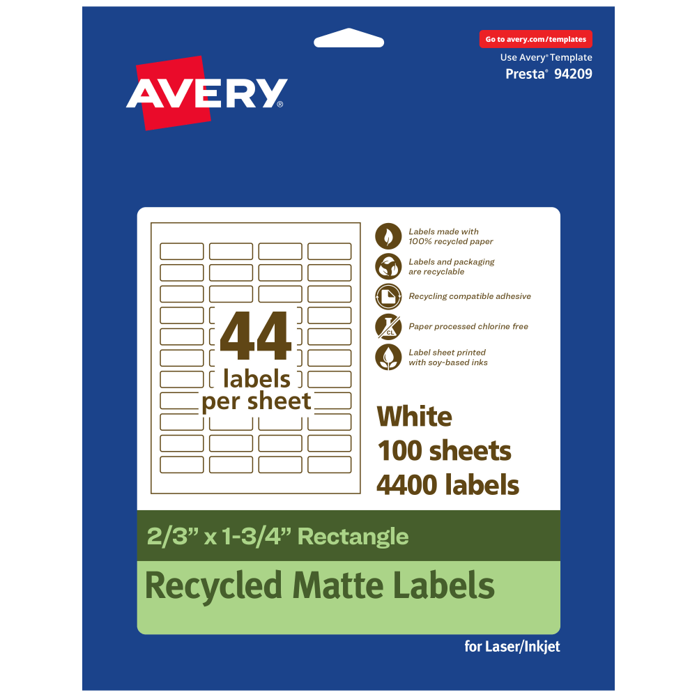 Avery Recycled Paper Labels, 94209-EWMP100, Rectangle, 2/3in x 1-3/4in, White, Pack Of 4400
